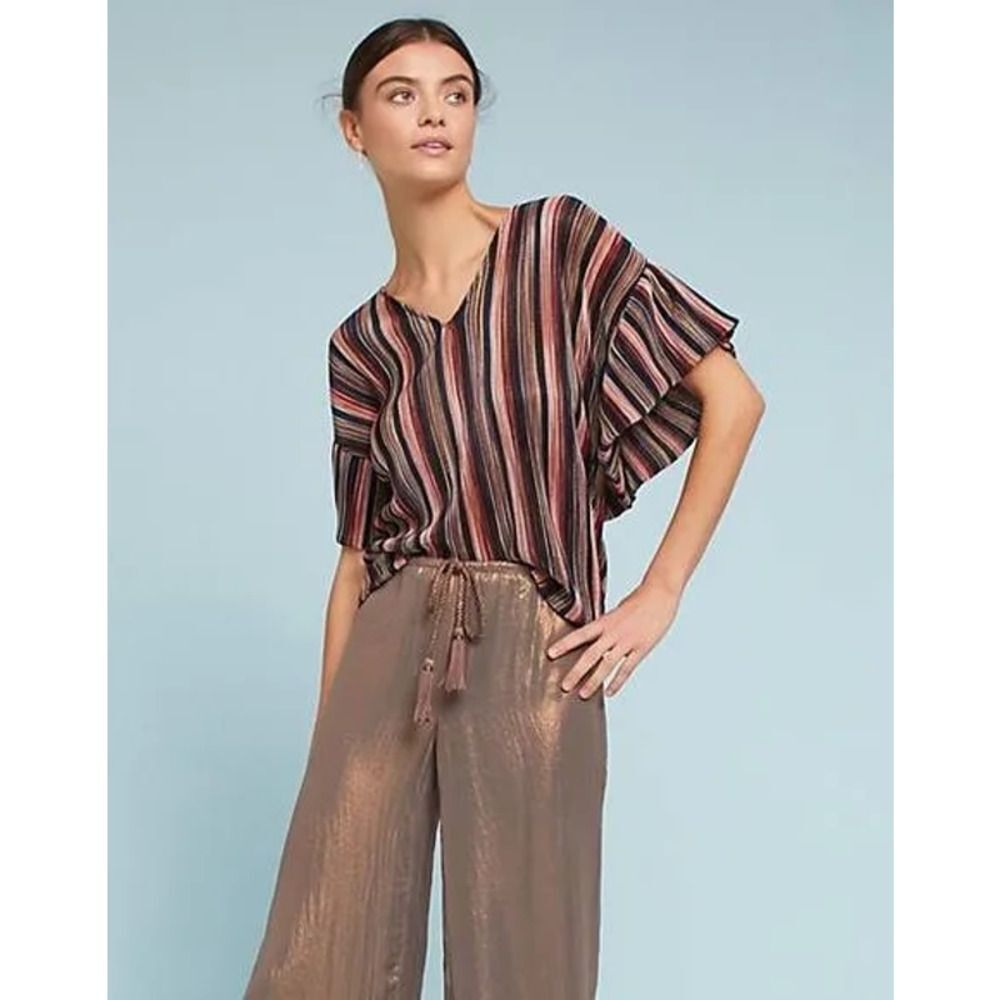 Vanessa Virginia by Anthropologie Multi Color Striped Flutter Sleeves V …